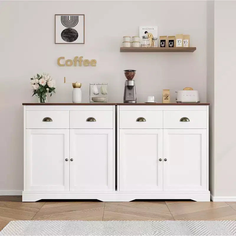 Meuble de Bar à Café Style Ferme Moderne, Buffet Blanc avec 2 Portes, 2 Tiroirs et Étagère Réglable pour Cuisine, Salle à Manger ou Salon