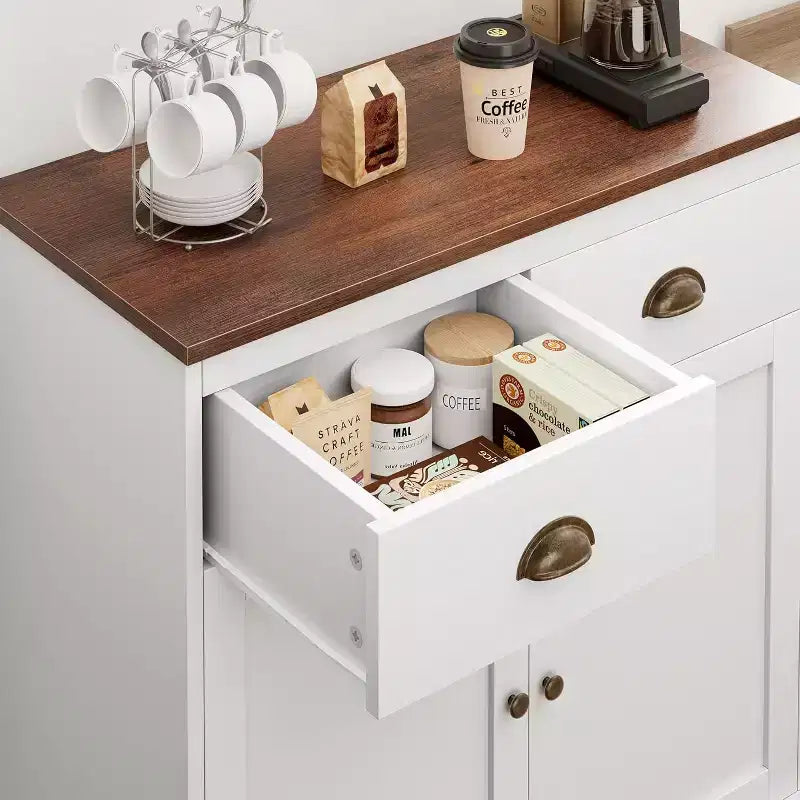 Meuble de Bar à Café Style Ferme Moderne, Buffet Blanc avec 2 Portes, 2 Tiroirs et Étagère Réglable pour Cuisine, Salle à Manger ou Salon