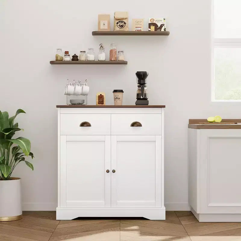 Meuble de Bar à Café Style Ferme Moderne, Buffet Blanc avec 2 Portes, 2 Tiroirs et Étagère Réglable pour Cuisine, Salle à Manger ou Salon