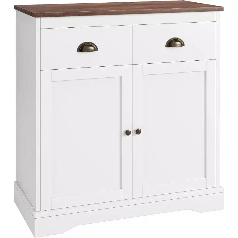 Meuble de Bar à Café Style Ferme Moderne, Buffet Blanc avec 2 Portes, 2 Tiroirs et Étagère Réglable pour Cuisine, Salle à Manger ou Salon