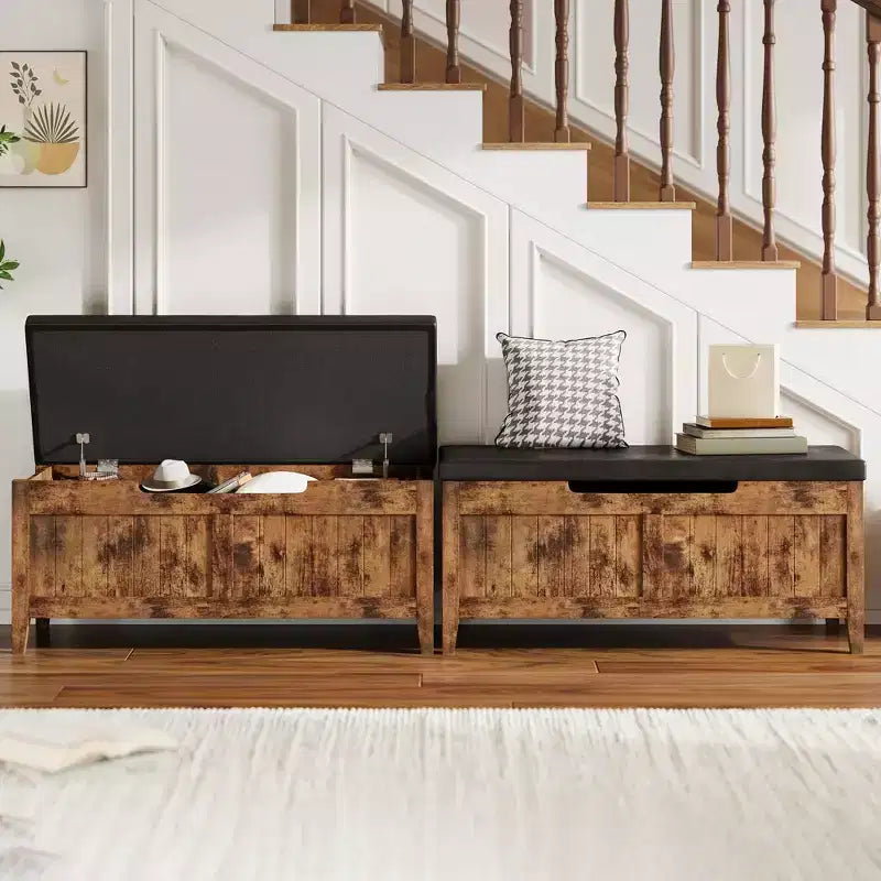 TROPOW Coffre de rangement, Banc de rangement avec coussin d'assise, 2 charnières de sécurité, Banc à chaussures, Organisateur de rangement en bois, Montage facile