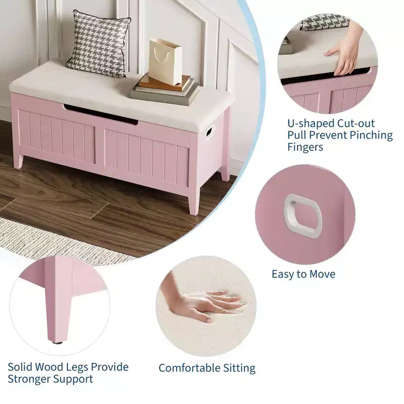 TROPOW Coffre de rangement, Banc de rangement avec coussin d'assise, 2 charnières de sécurité, Banc à chaussures, Organisateur de rangement en bois, Montage facile