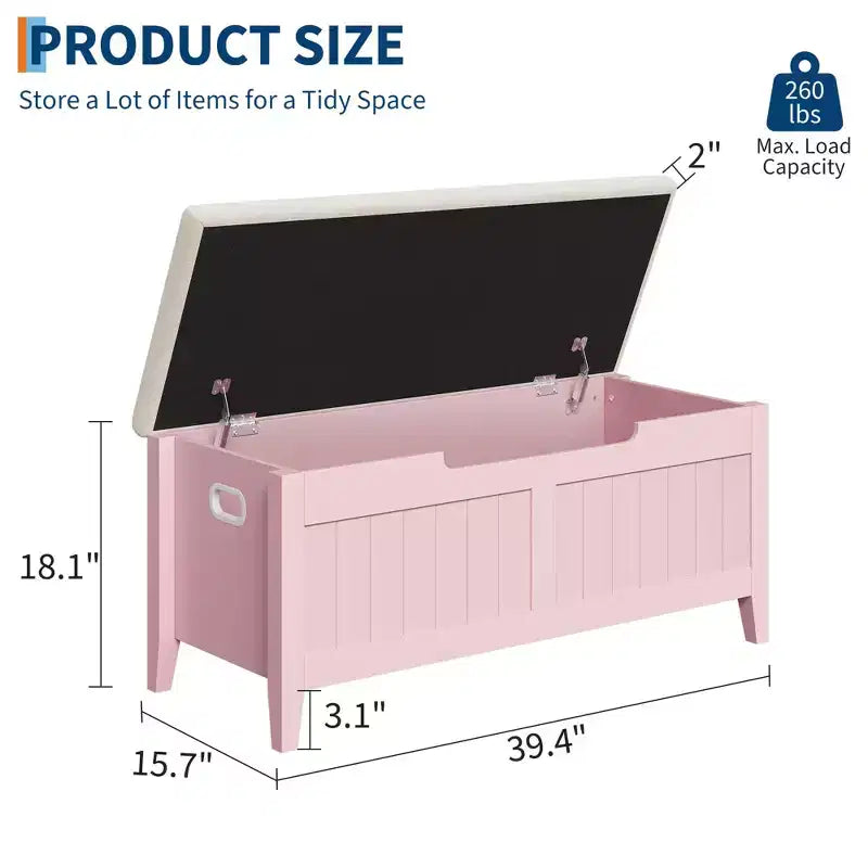 TROPOW Coffre de rangement, Banc de rangement avec coussin d'assise, 2 charnières de sécurité, Banc à chaussures, Organisateur de rangement en bois, Montage facile