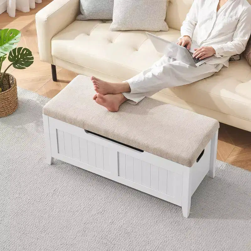 TROPOW Coffre de rangement, Banc de rangement avec coussin d'assise, 2 charnières de sécurité, Banc à chaussures, Organisateur de rangement en bois, Montage facile