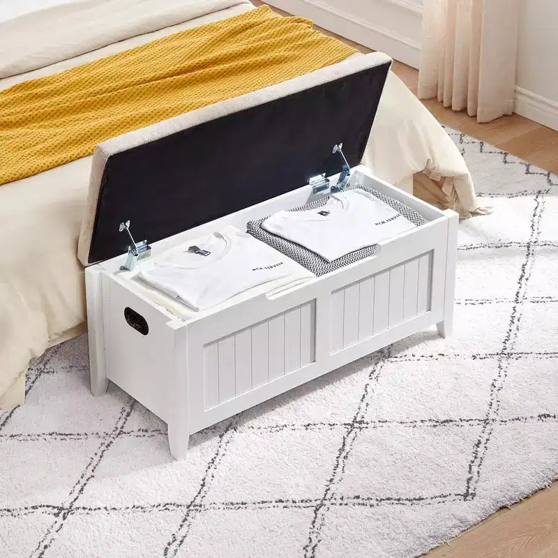 TROPOW Coffre de rangement, Banc de rangement avec coussin d'assise, 2 charnières de sécurité, Banc à chaussures, Organisateur de rangement en bois, Montage facile