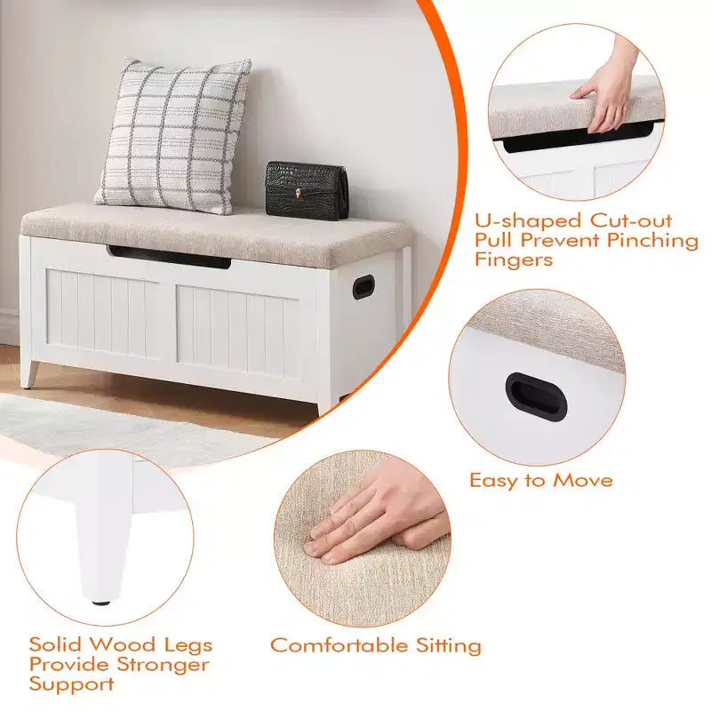TROPOW Coffre de rangement, Banc de rangement avec coussin d'assise, 2 charnières de sécurité, Banc à chaussures, Organisateur de rangement en bois, Montage facile