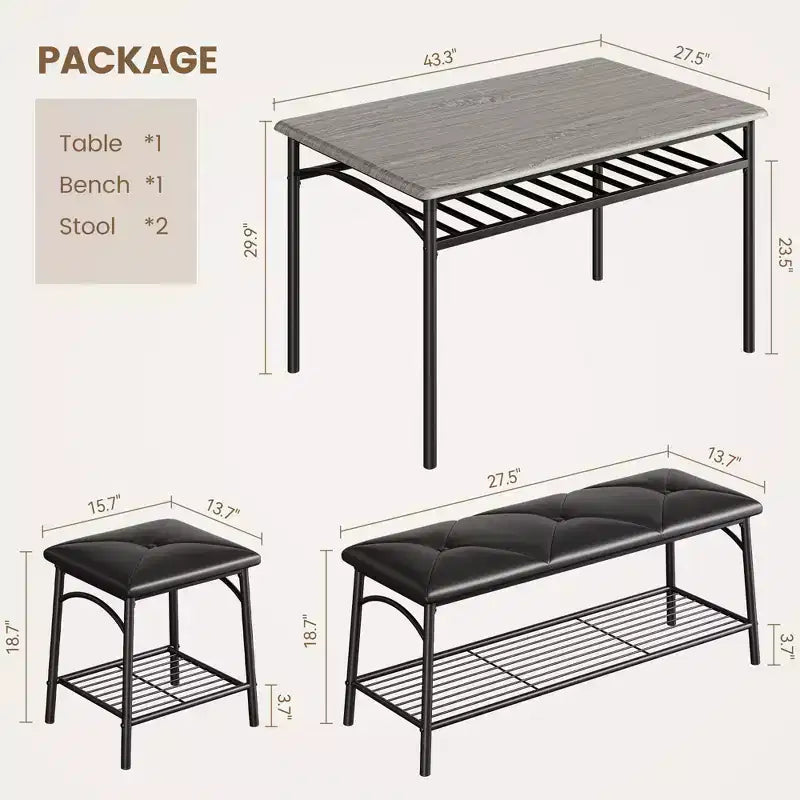 Ensemble table de salle à manger 4 places, table de cuisine en métal avec banc rembourré et 2 tabourets carrés, ensemble dînette 4 pièces avec étagères de rangement