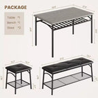 Ensemble table de salle à manger 4 places, table de cuisine en métal avec banc rembourré et 2 tabourets carrés, ensemble dînette 4 pièces avec étagères de rangement
