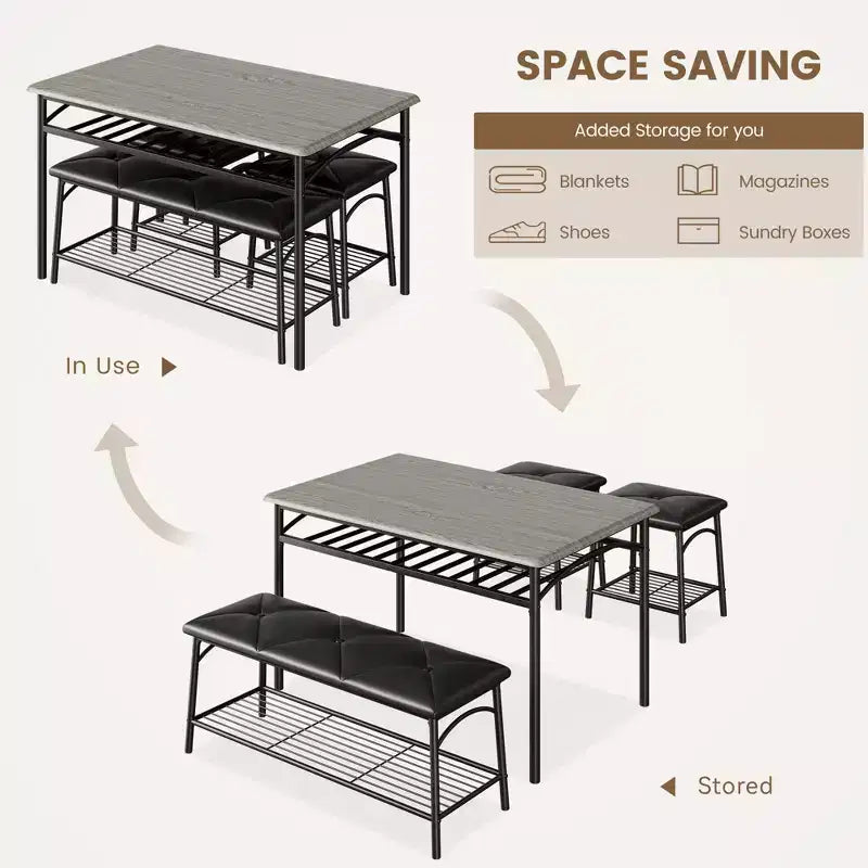 Ensemble table de salle à manger 4 places, table de cuisine en métal avec banc rembourré et 2 tabourets carrés, ensemble dînette 4 pièces avec étagères de rangement