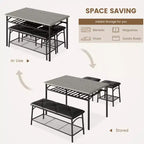 Ensemble table de salle à manger 4 places, table de cuisine en métal avec banc rembourré et 2 tabourets carrés, ensemble dînette 4 pièces avec étagères de rangement