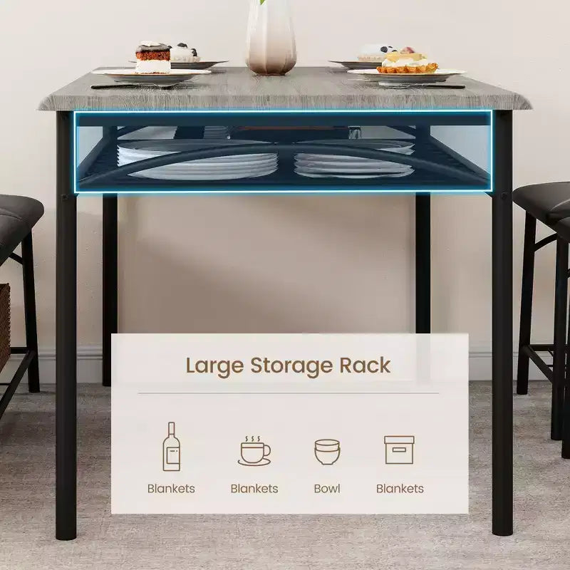 Ensemble table de salle à manger 4 places, table de cuisine en métal avec banc rembourré et 2 tabourets carrés, ensemble dînette 4 pièces avec étagères de rangement