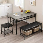 Ensemble table de salle à manger 4 places, table de cuisine en métal avec banc rembourré et 2 tabourets carrés, ensemble dînette 4 pièces avec étagères de rangement