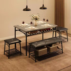 Ensemble table de salle à manger 4 places, table de cuisine en métal avec banc rembourré et 2 tabourets carrés, ensemble dînette 4 pièces avec étagères de rangement