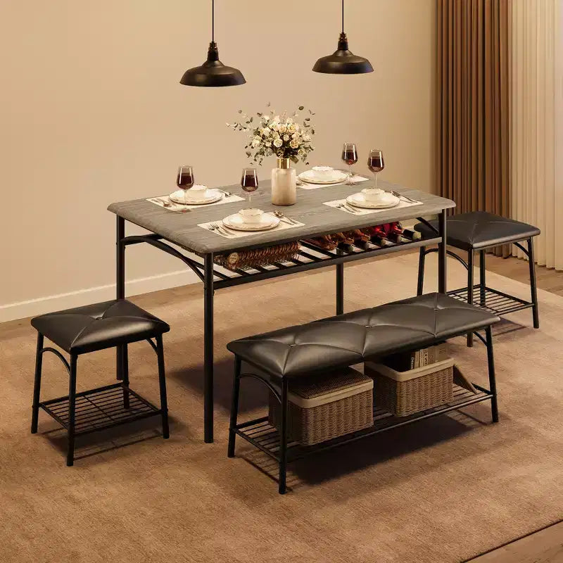Ensemble table de salle à manger 4 places, table de cuisine en métal avec banc rembourré et 2 tabourets carrés, ensemble dînette 4 pièces avec étagères de rangement