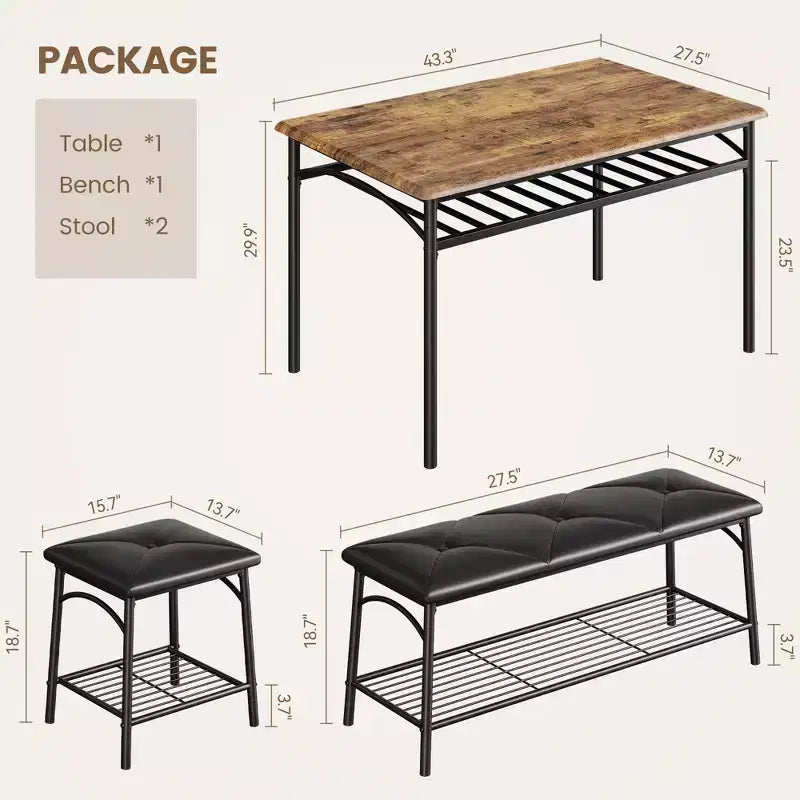 Ensemble table de salle à manger 4 places, table de cuisine en métal avec banc rembourré et 2 tabourets carrés, ensemble dînette 4 pièces avec étagères de rangement