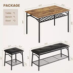 Ensemble table de salle à manger 4 places, table de cuisine en métal avec banc rembourré et 2 tabourets carrés, ensemble dînette 4 pièces avec étagères de rangement
