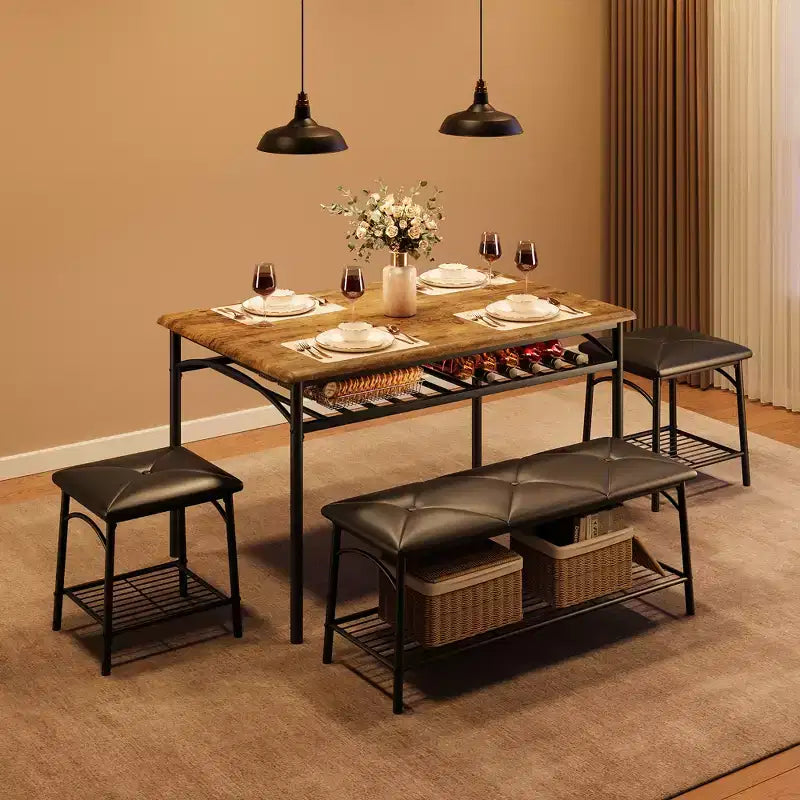 Ensemble table de salle à manger 4 places, table de cuisine en métal avec banc rembourré et 2 tabourets carrés, ensemble dînette 4 pièces avec étagères de rangement