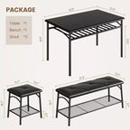 Ensemble table de salle à manger 4 places, table de cuisine en métal avec banc rembourré et 2 tabourets carrés, ensemble dînette 4 pièces avec étagères de rangement