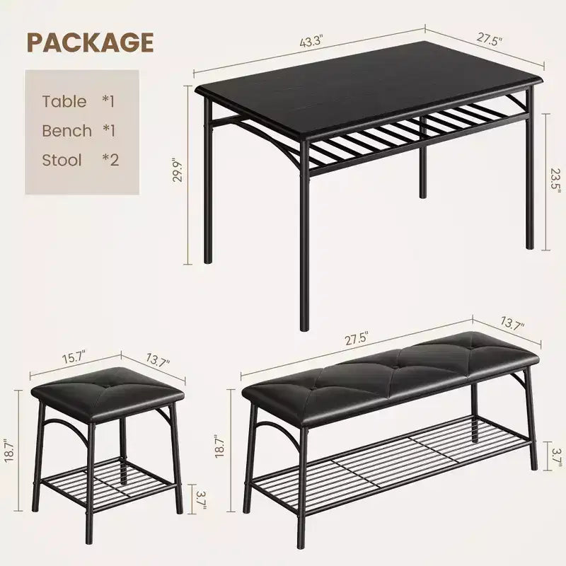 Ensemble table de salle à manger 4 places, table de cuisine en métal avec banc rembourré et 2 tabourets carrés, ensemble dînette 4 pièces avec étagères de rangement