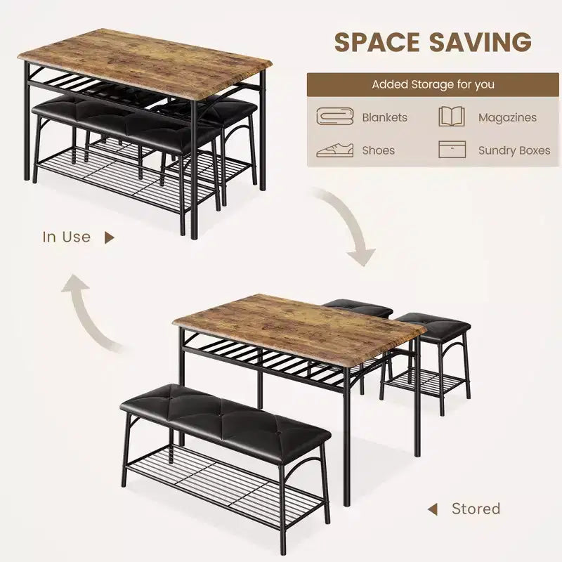Ensemble table de salle à manger 4 places, table de cuisine en métal avec banc rembourré et 2 tabourets carrés, ensemble dînette 4 pièces avec étagères de rangement
