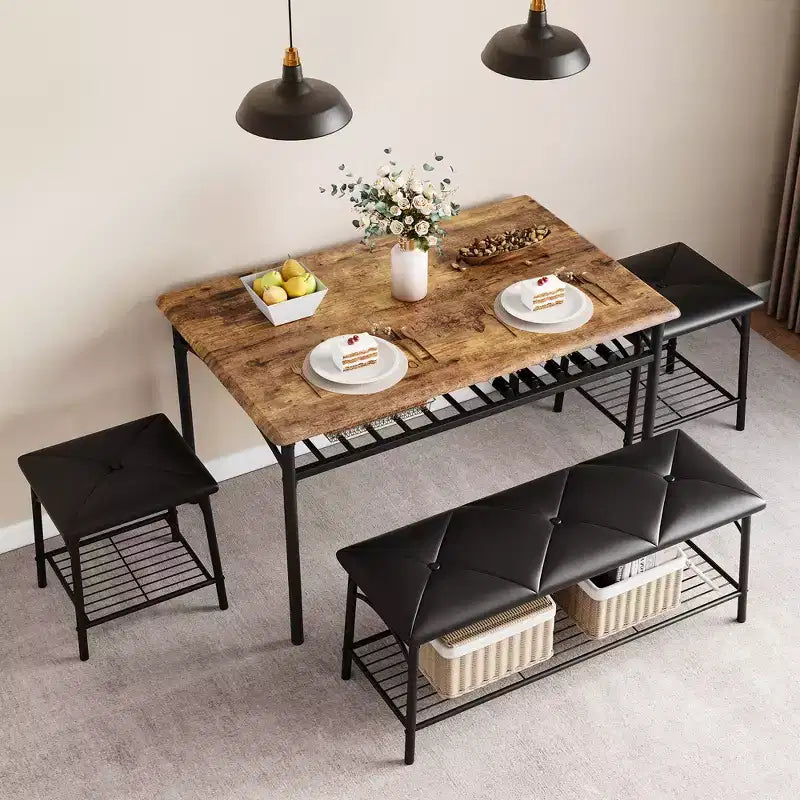 Ensemble table de salle à manger 4 places, table de cuisine en métal avec banc rembourré et 2 tabourets carrés, ensemble dînette 4 pièces avec étagères de rangement