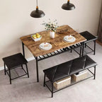Ensemble table de salle à manger 4 places, table de cuisine en métal avec banc rembourré et 2 tabourets carrés, ensemble dînette 4 pièces avec étagères de rangement