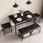 Ensemble table de salle à manger 4 places, table de cuisine en métal avec banc rembourré et 2 tabourets carrés, ensemble dînette 4 pièces avec étagères de rangement