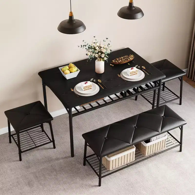 Ensemble table de salle à manger 4 places, table de cuisine en métal avec banc rembourré et 2 tabourets carrés, ensemble dînette 4 pièces avec étagères de rangement