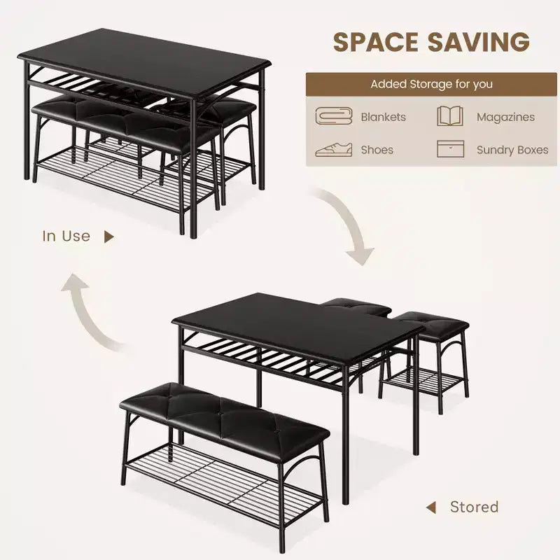 Ensemble table de salle à manger 4 places, table de cuisine en métal avec banc rembourré et 2 tabourets carrés, ensemble dînette 4 pièces avec étagères de rangement