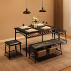 Ensemble table de salle à manger 4 places, table de cuisine en métal avec banc rembourré et 2 tabourets carrés, ensemble dînette 4 pièces avec étagères de rangement