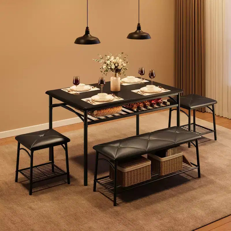Ensemble table de salle à manger 4 places, table de cuisine en métal avec banc rembourré et 2 tabourets carrés, ensemble dînette 4 pièces avec étagères de rangement