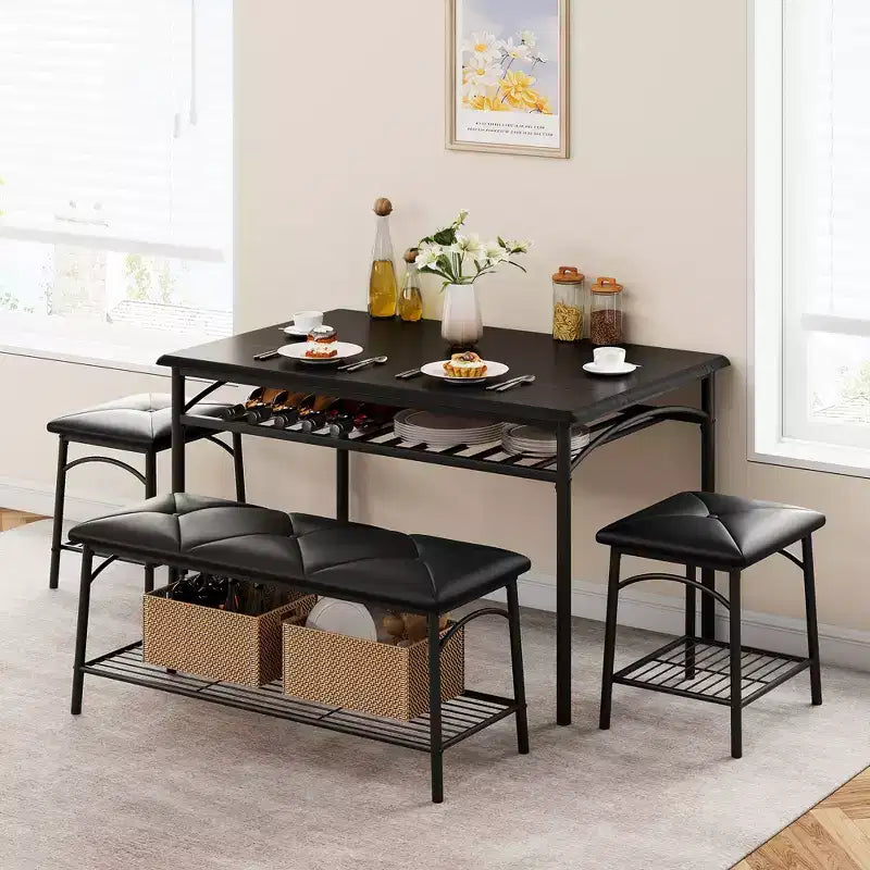 Ensemble table de salle à manger 4 places, table de cuisine en métal avec banc rembourré et 2 tabourets carrés, ensemble dînette 4 pièces avec étagères de rangement