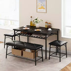 Ensemble table de salle à manger 4 places, table de cuisine en métal avec banc rembourré et 2 tabourets carrés, ensemble dînette 4 pièces avec étagères de rangement