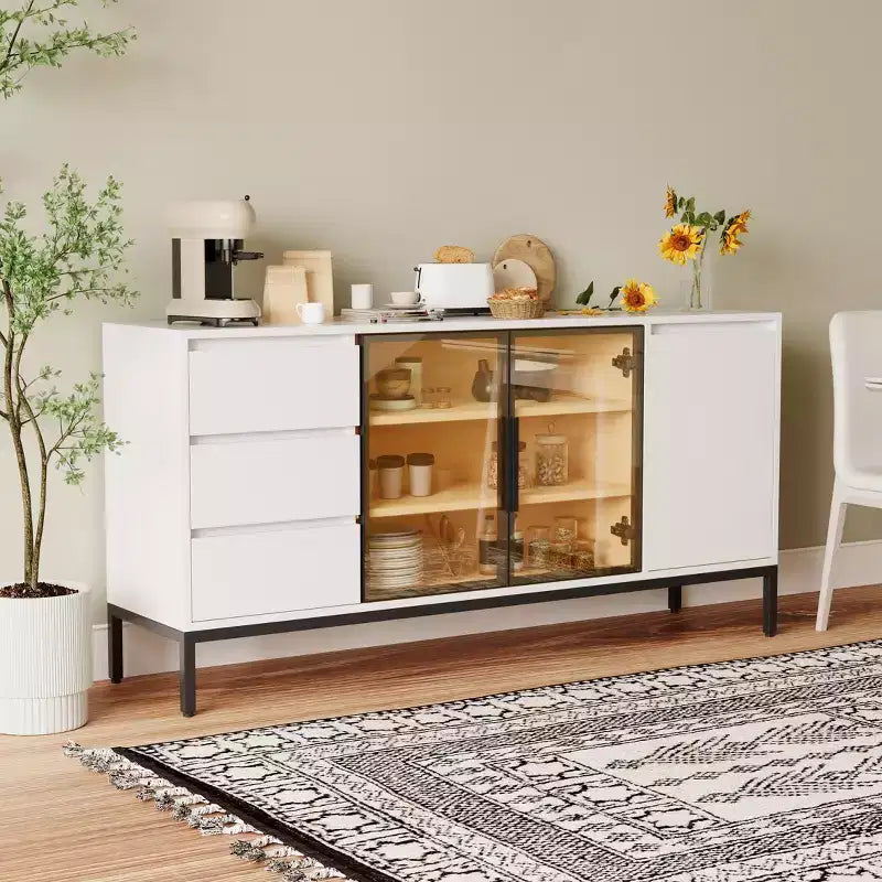 63 pouces, buffet en bois avec portes en verre et tiroirs, meuble TV moderne, meuble de rangement pour cuisine et salon
