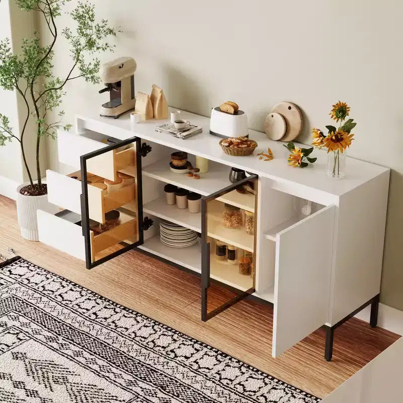 63 pouces, buffet en bois avec portes en verre et tiroirs, meuble TV moderne, meuble de rangement pour cuisine et salon