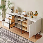 63 pouces, buffet en bois avec portes en verre et tiroirs, meuble TV moderne, meuble de rangement pour cuisine et salon