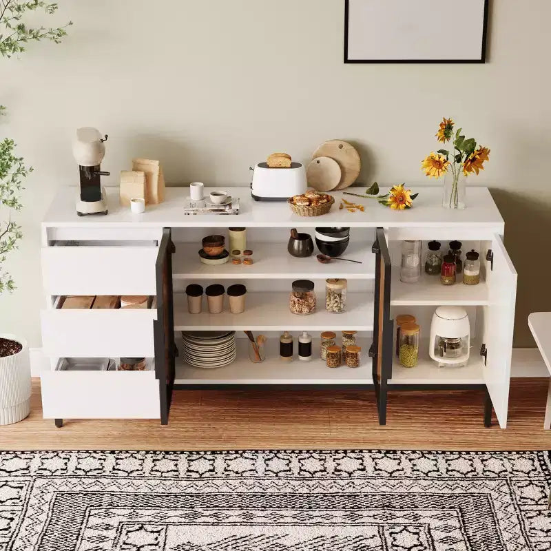 63 pouces, buffet en bois avec portes en verre et tiroirs, meuble TV moderne, meuble de rangement pour cuisine et salon