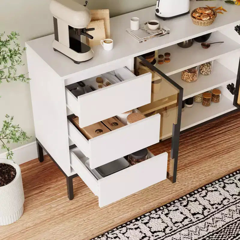 63 pouces, buffet en bois avec portes en verre et tiroirs, meuble TV moderne, meuble de rangement pour cuisine et salon
