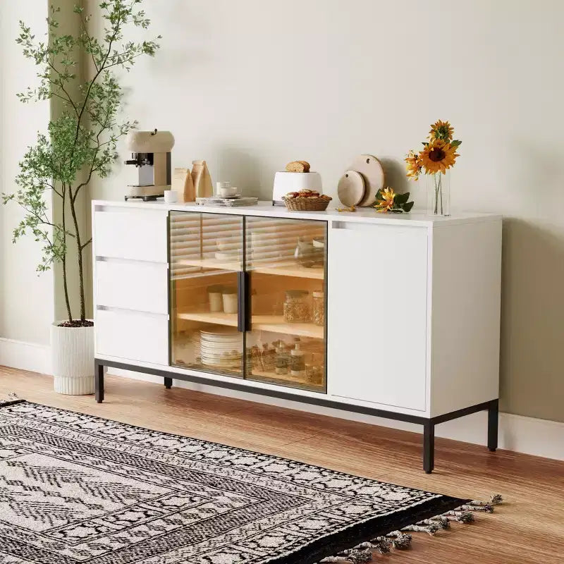 63 pouces, buffet en bois avec portes en verre et tiroirs, meuble TV moderne, meuble de rangement pour cuisine et salon
