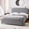 Bed Frame, Velvet Upholstered Platform Bed Frame with Rivet Decor Headboard, Strong Wood Slat Support, No Box Spring Needed, Grey