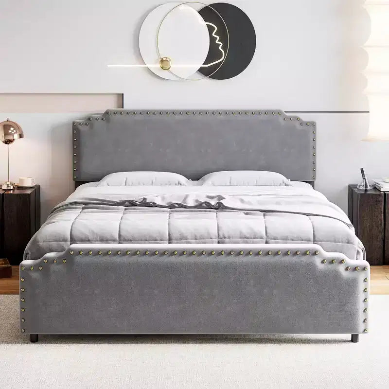 Cadre de lit, Cadre de lit plateforme rembourré en velours avec tête de lit décorée de rivets, Support robuste à lattes en bois, Pas besoin de sommier tapissier, Gris