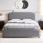 Cadre de lit, Cadre de lit plateforme rembourré en velours avec tête de lit décorée de rivets, Support robuste à lattes en bois, Pas besoin de sommier tapissier, Gris