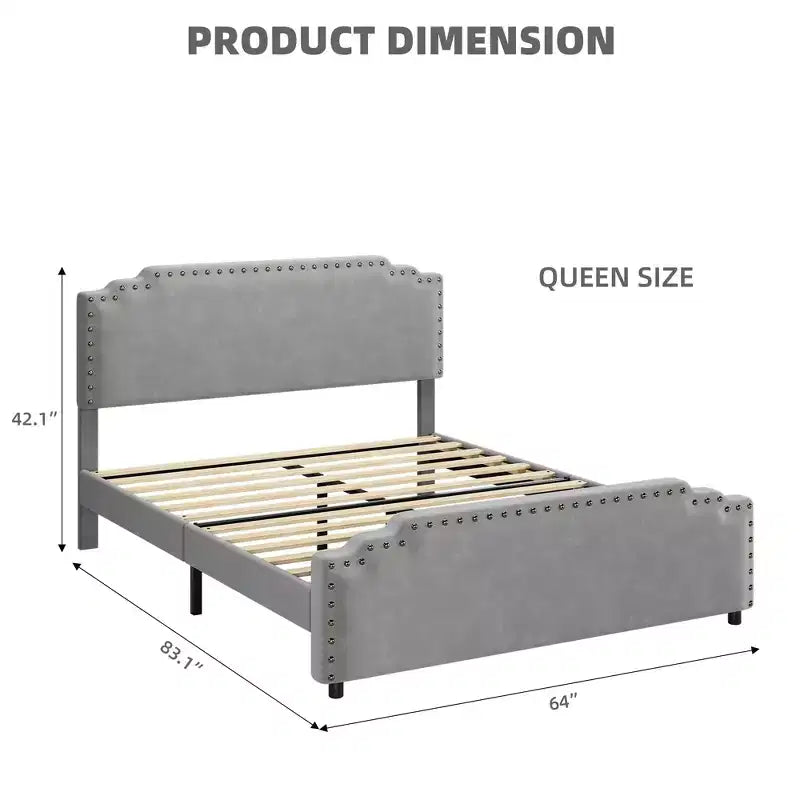 Cadre de lit, Cadre de lit plateforme rembourré en velours avec tête de lit décorée de rivets, Support robuste à lattes en bois, Pas besoin de sommier tapissier, Gris