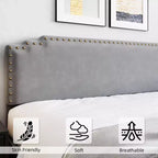 Cadre de lit, Cadre de lit plateforme rembourré en velours avec tête de lit décorée de rivets, Support robuste à lattes en bois, Pas besoin de sommier tapissier, Gris