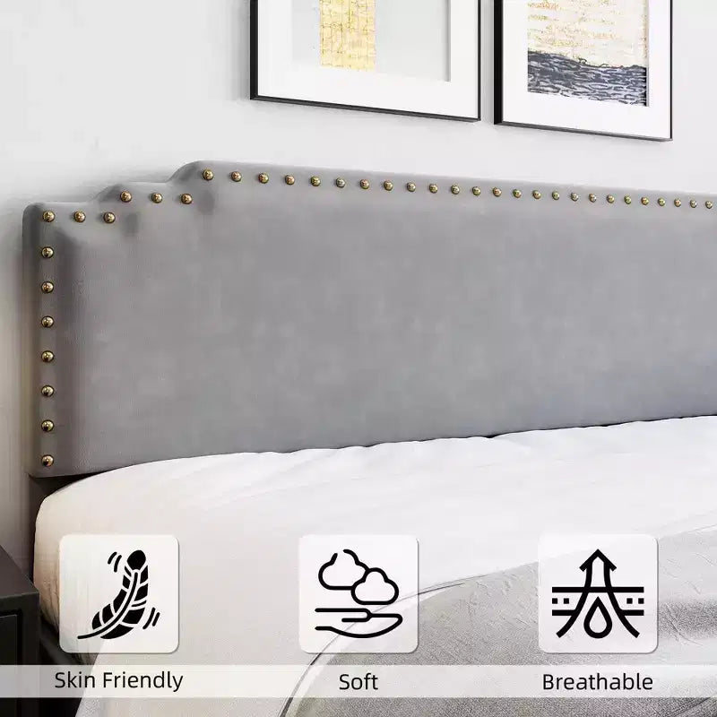 Cadre de lit, Cadre de lit plateforme rembourré en velours avec tête de lit décorée de rivets, Support robuste à lattes en bois, Pas besoin de sommier tapissier, Gris