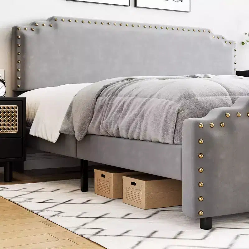 Cadre de lit, Cadre de lit plateforme rembourré en velours avec tête de lit décorée de rivets, Support robuste à lattes en bois, Pas besoin de sommier tapissier, Gris