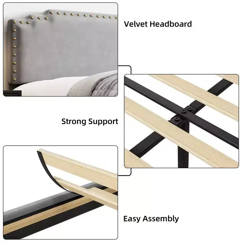 Cadre de lit, Cadre de lit plateforme rembourré en velours avec tête de lit décorée de rivets, Support robuste à lattes en bois, Pas besoin de sommier tapissier, Gris