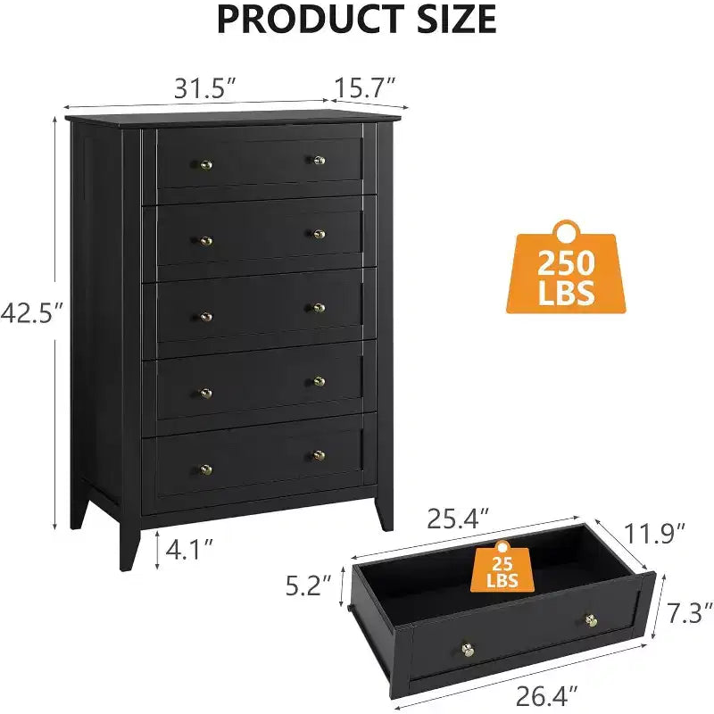 Commode à 5 tiroirs, commode moderne et élégante avec poignée ronde, organisateur de rangement en bois avec grand espace de rangement pour chambre, salon, noir