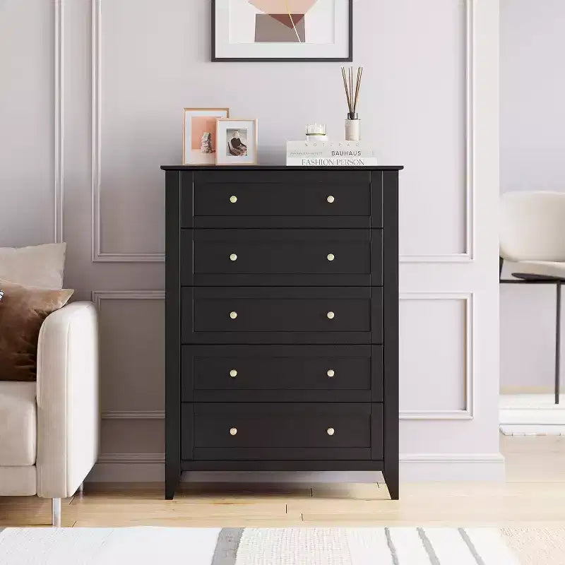 Commode à 5 tiroirs, commode moderne et élégante avec poignée ronde, organisateur de rangement en bois avec grand espace de rangement pour chambre, salon, noir