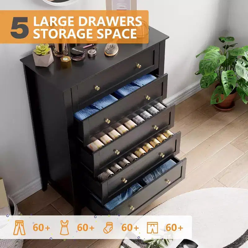 Commode à 5 tiroirs, commode moderne et élégante avec poignée ronde, organisateur de rangement en bois avec grand espace de rangement pour chambre, salon, noir